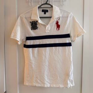 Polo by Ralph Lauren White Polo with Navy Stripes and Red Pony